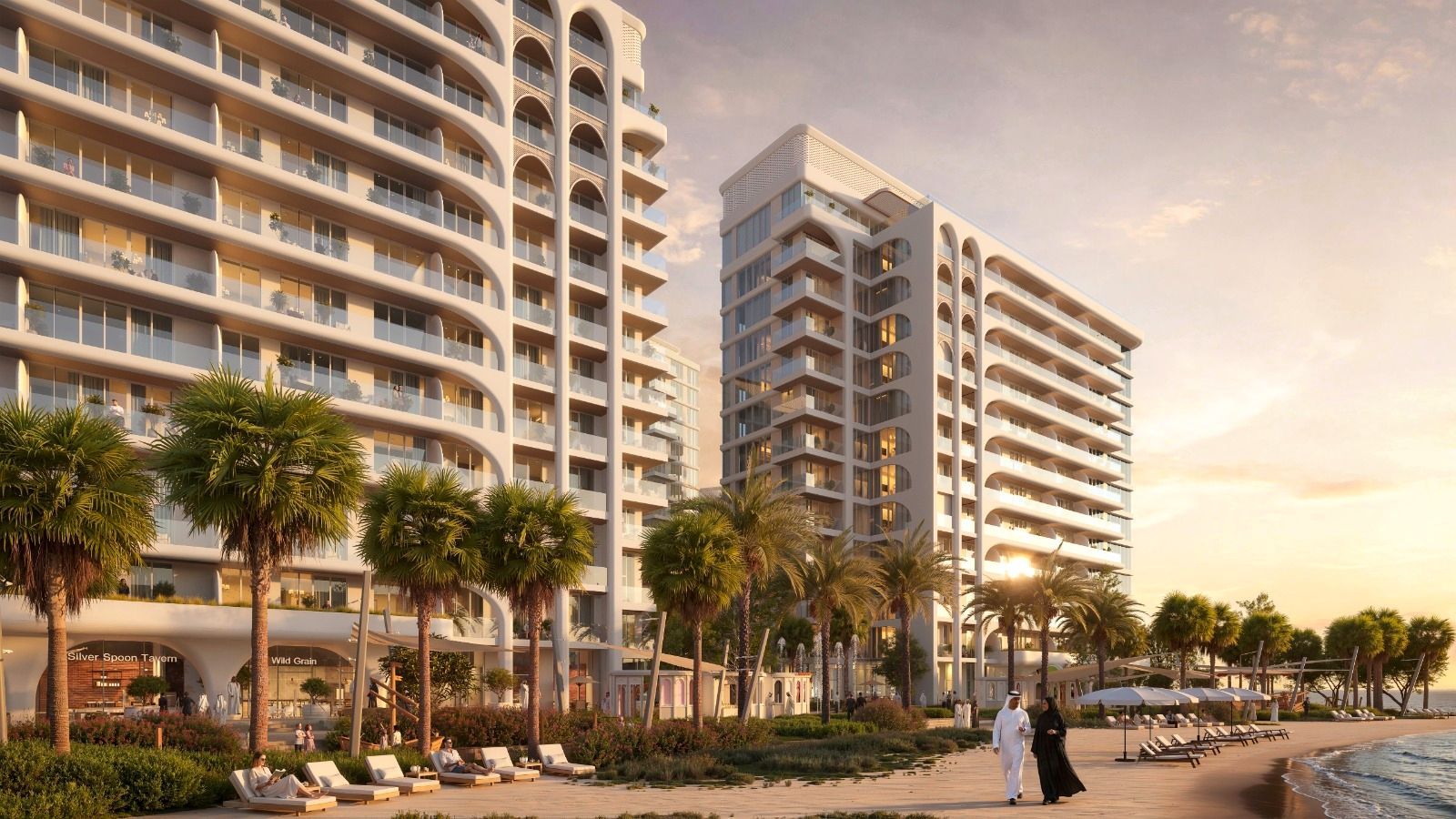 SEEFA by Alef beachfront dining promenade at sunset